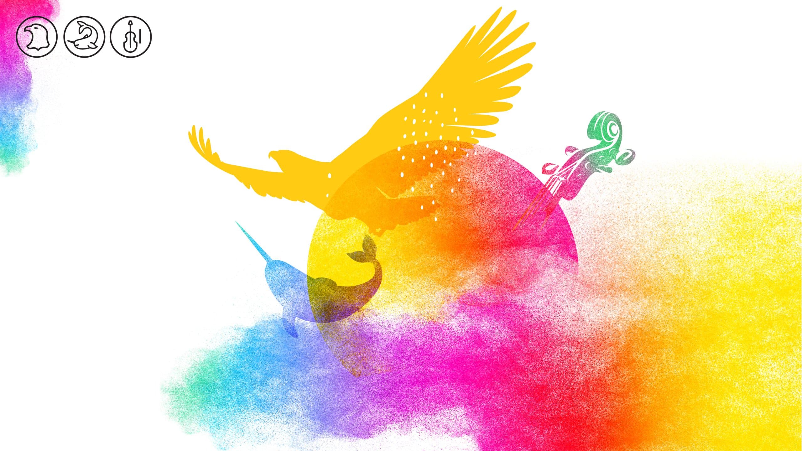 NIHM-National Image-CC Colourful watercolour depiction of clouds, a sun, and The eagle to represent First Nations The narwhal to represent Inuit The violin to represent Métis