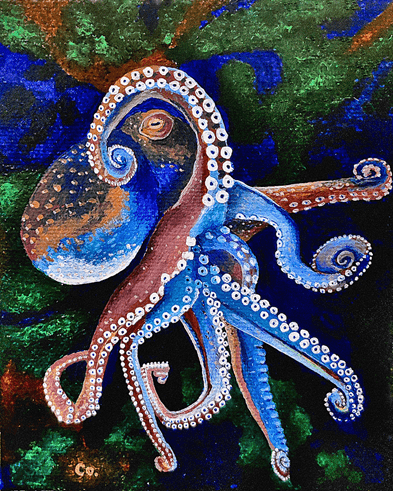 A vibrant painting of an octopus, set against a dark background.