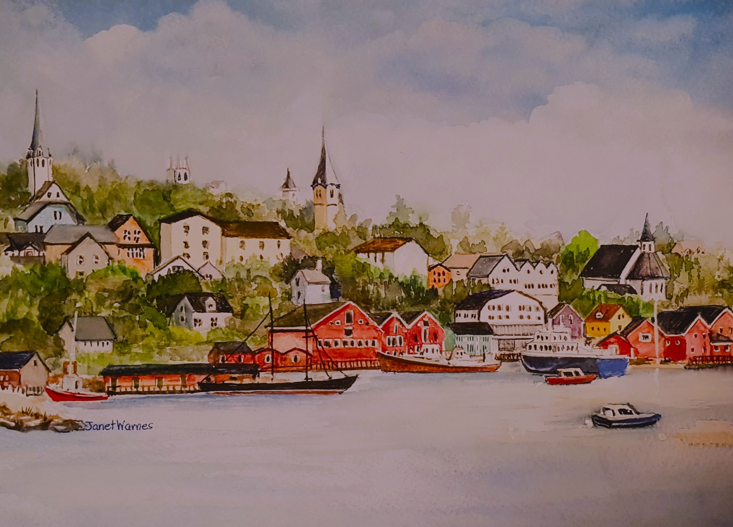 Painting of the Lunenberg waterfront, featuring colourful boats and buildings.