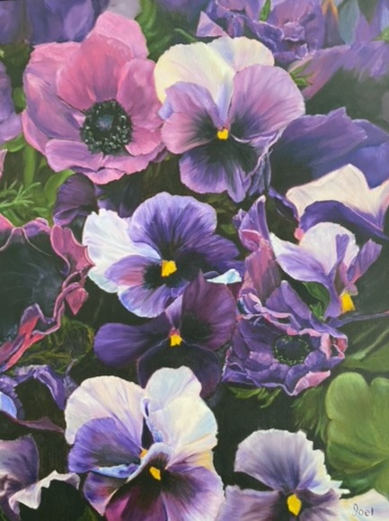 Painting of vibrant violet flowers.