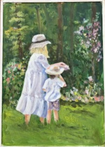 Two young children wearing white, stand in a lush green field.