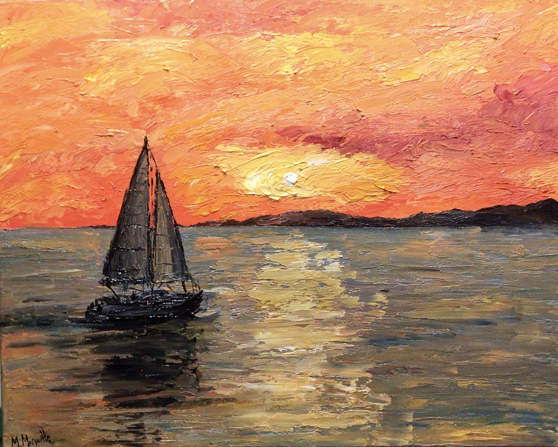 A painting of a sailing boat at sunset, set in a calm waterscape. 