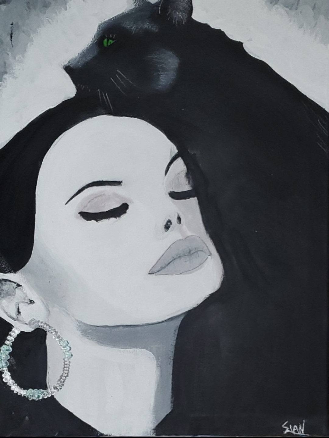 Acrylic black and white painting of a woman and cat, faces pressed cheek to cheek. 