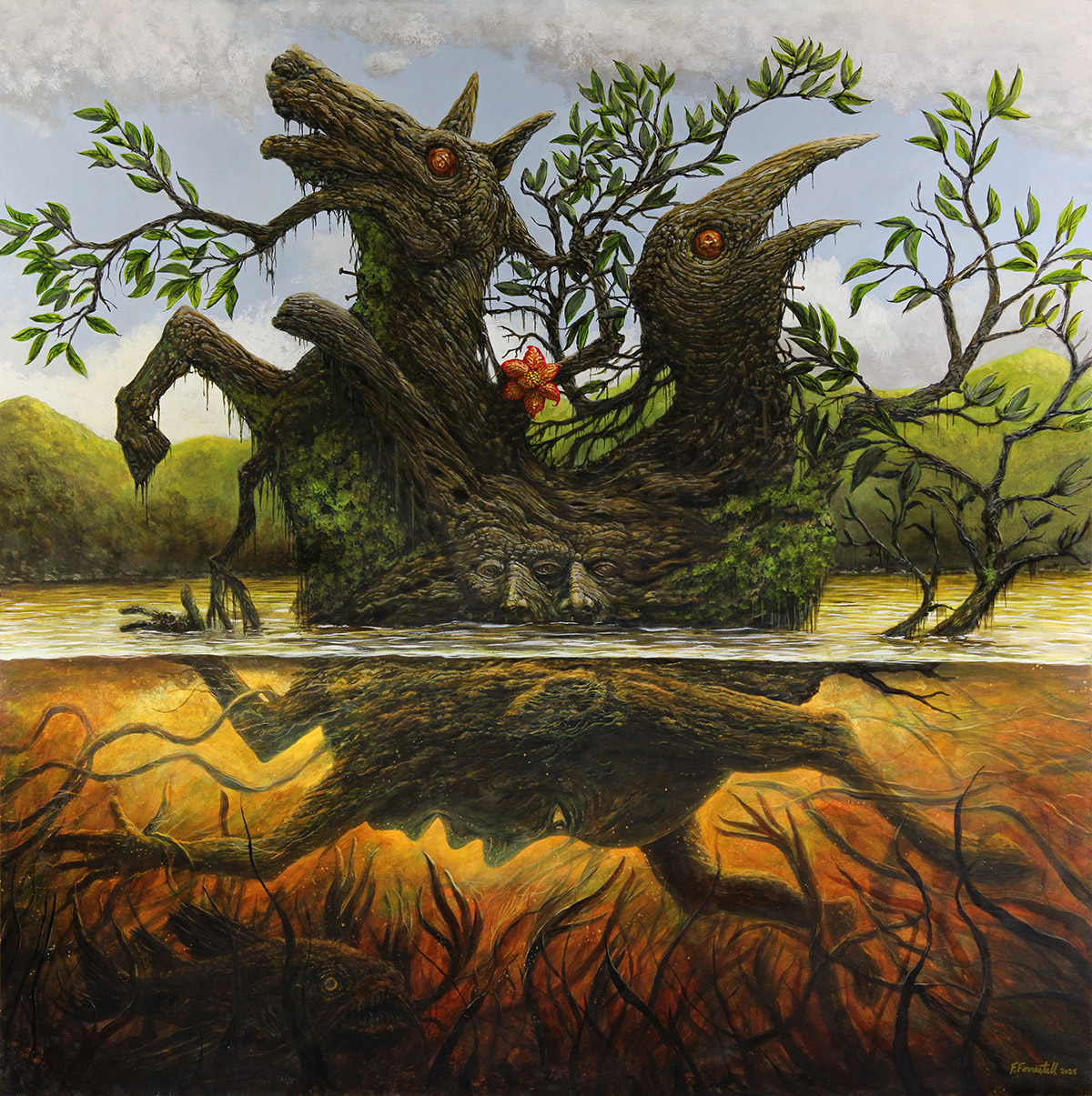A mythical painting, combining aspects of mythical creatures into trees and nature.