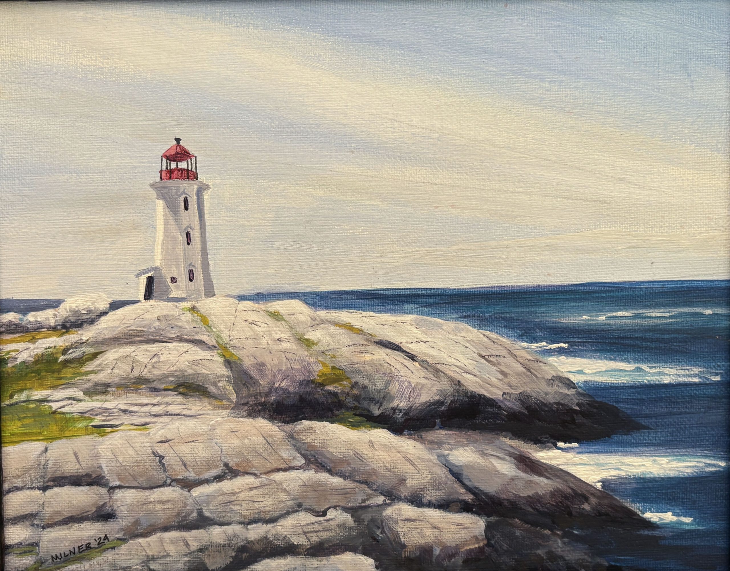 Painting of Peggy's Cove lighthouse, on a peaceful day.