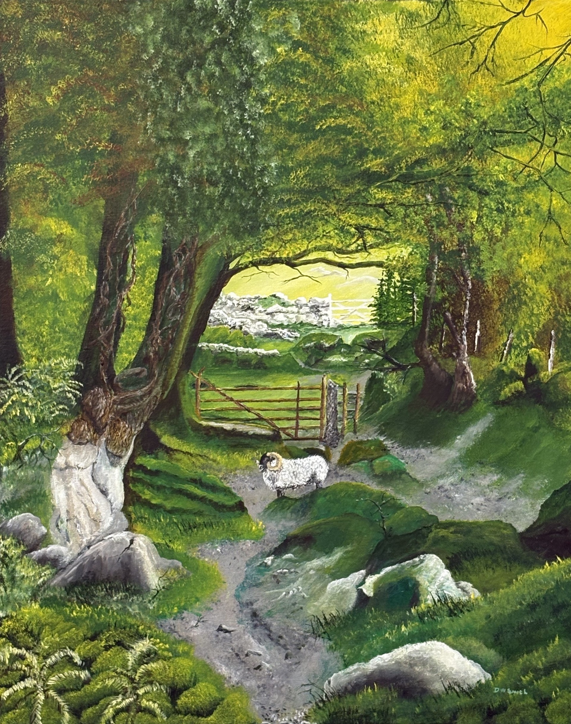 Painting os a ram, crossing a narrow path in a lush green forest.