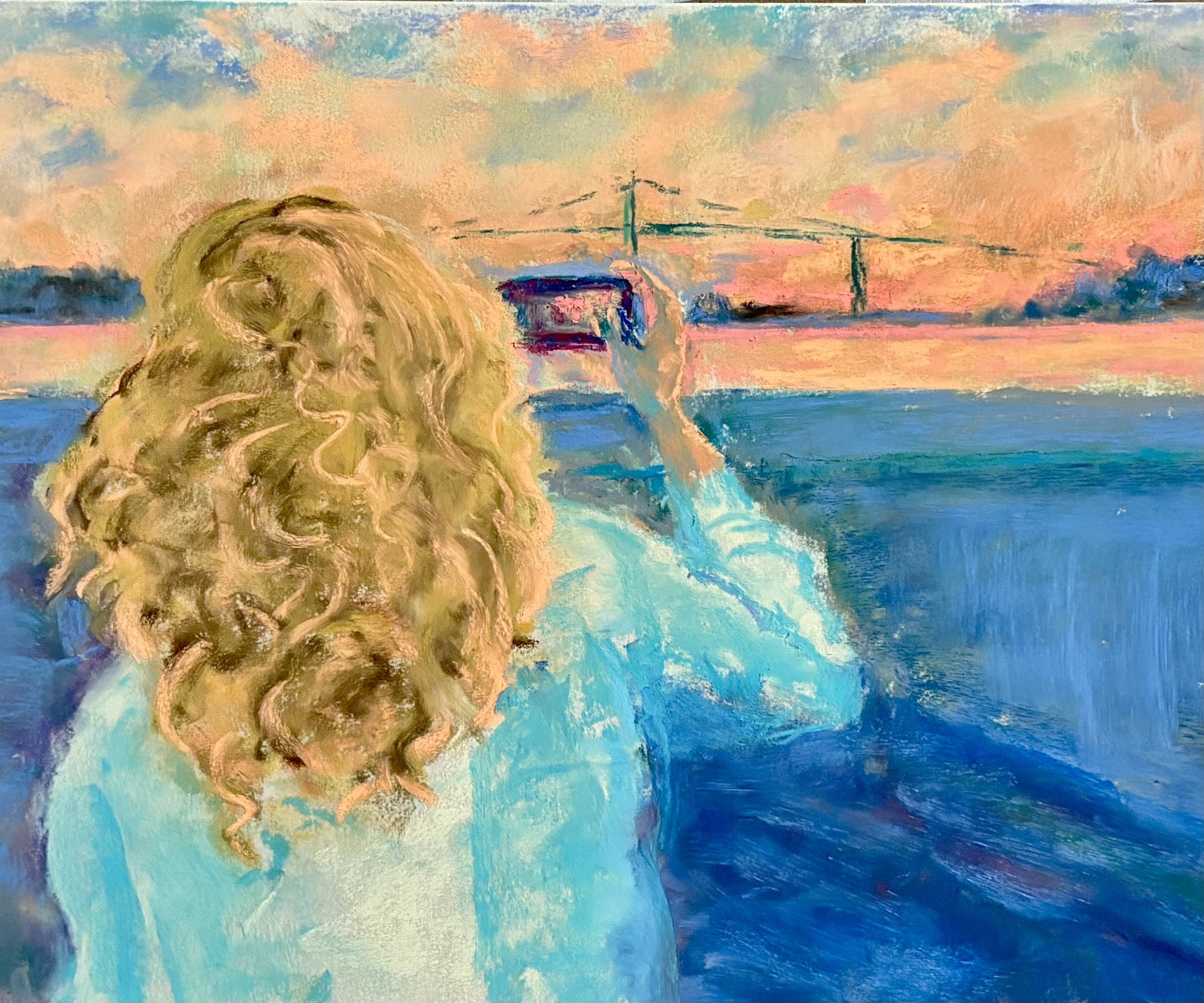 Painting of a woman taking a photo of the halifax waterfront and bridge.