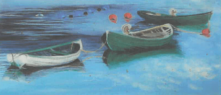 Three canoes in still water.