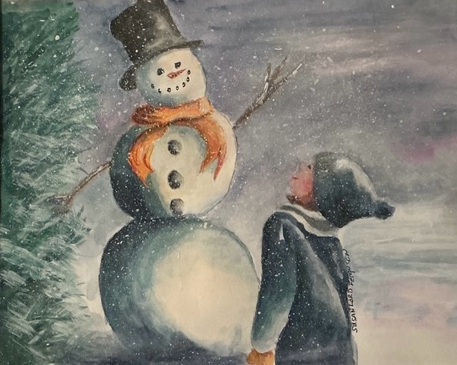 A child and snowman. Snowy scene.