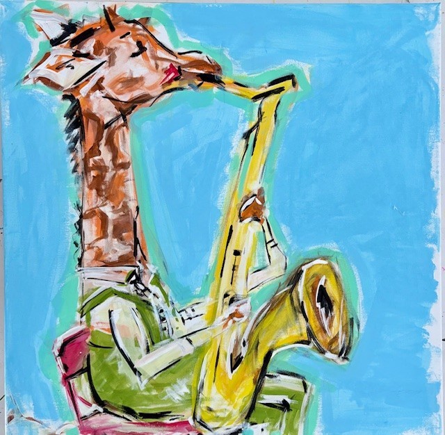 Painting of a giraffe, playing the saxophone