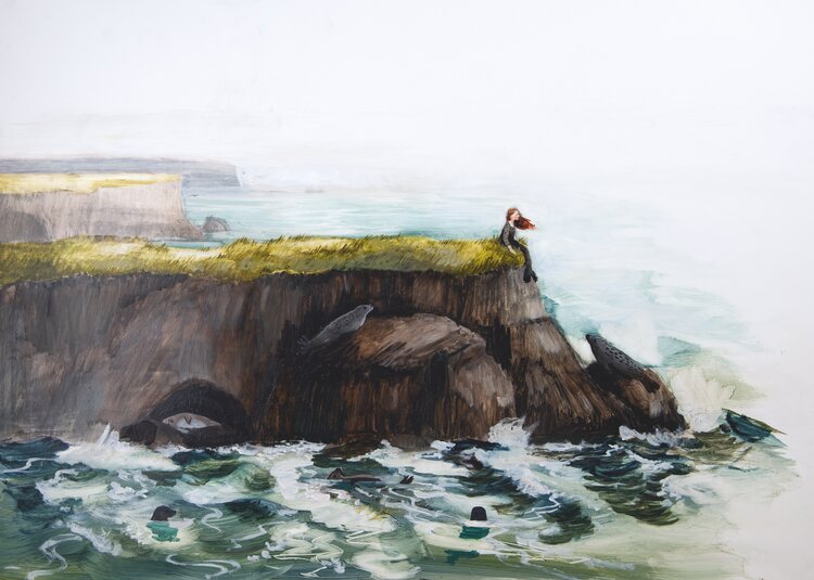 A woman sits atop a cliff edge.