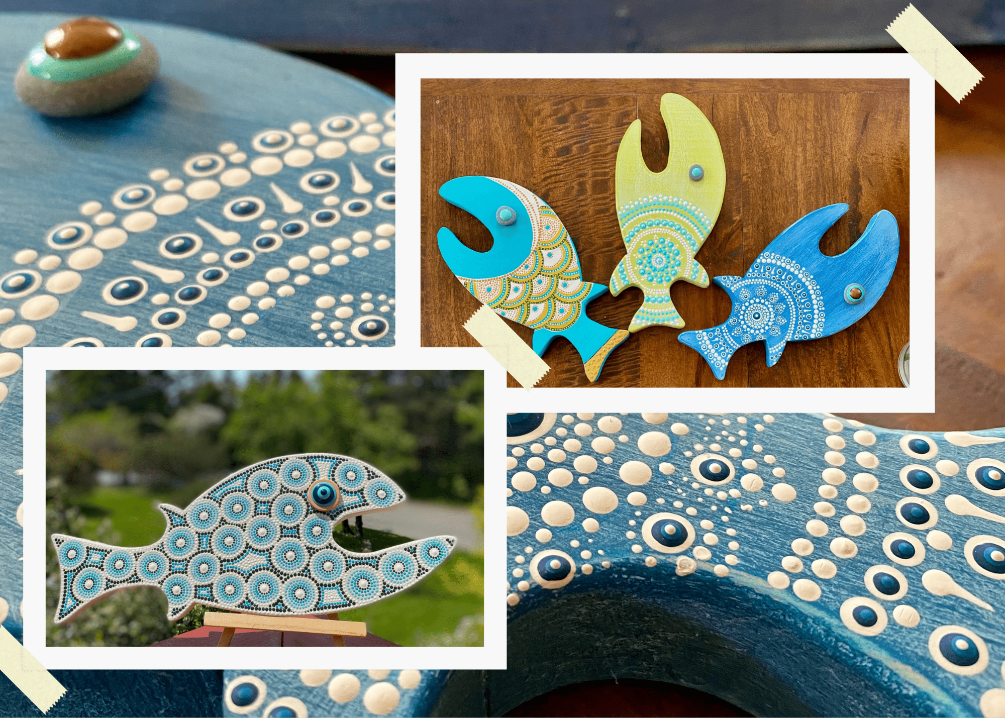 Assortment of wooden fish carvings with mandala-inspired dots (acrylic).