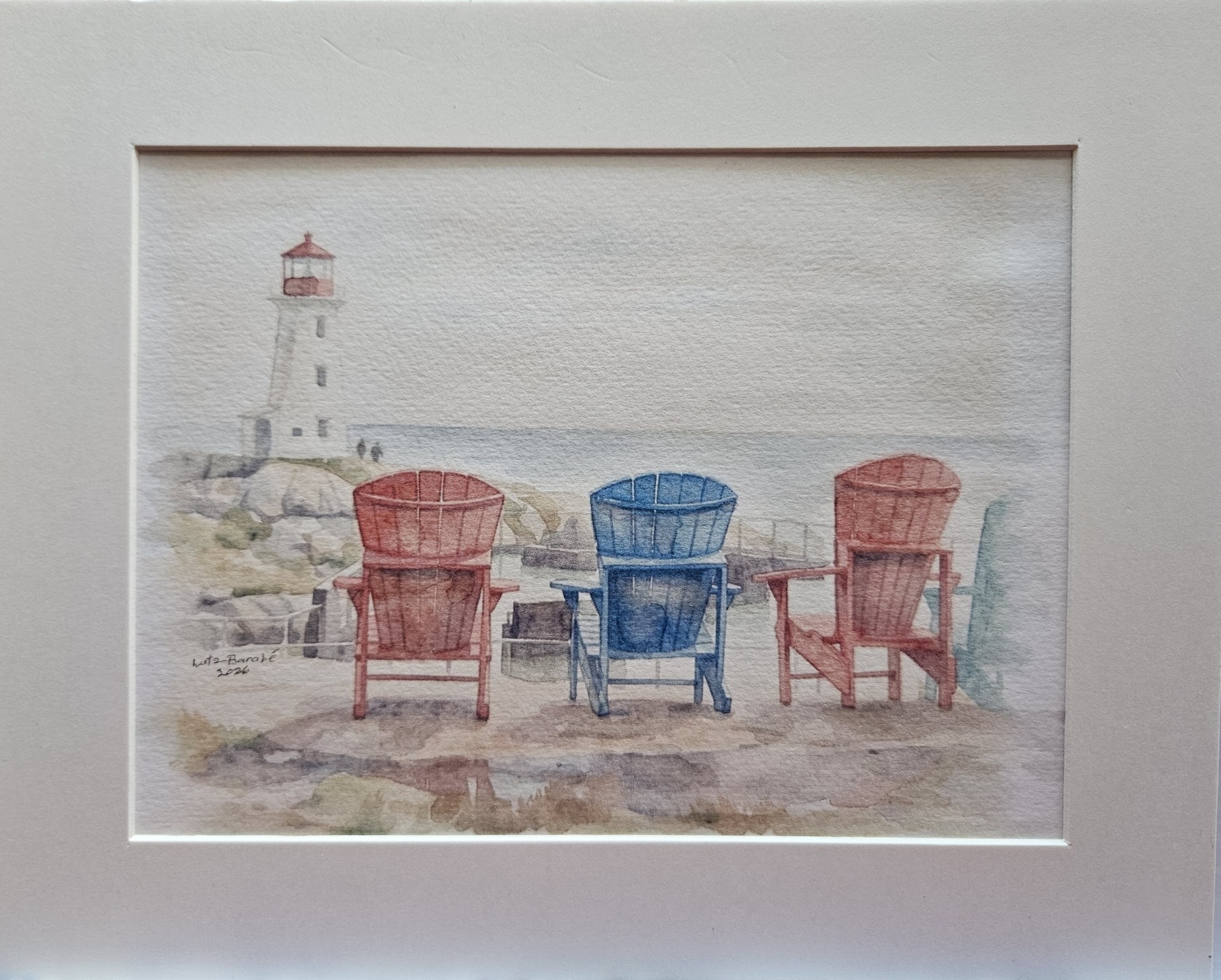 Watercolourpainting, three adirondack chairs in front of a lighthouse.