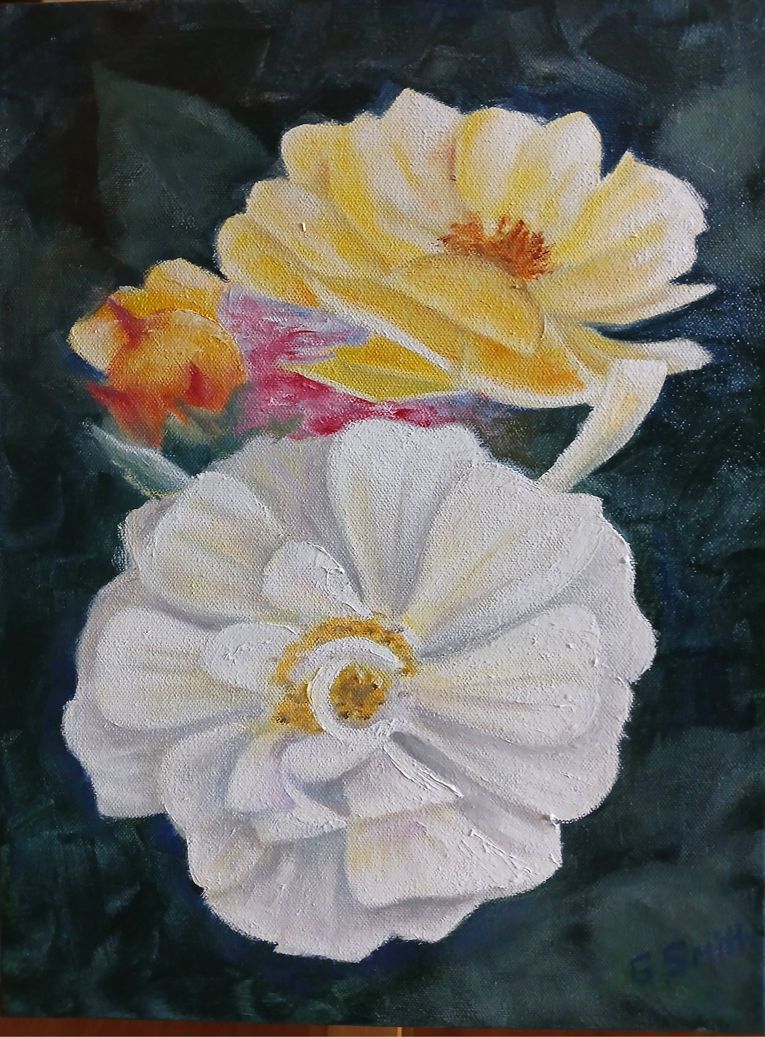 Yellow and while flowers. Oil Painting.