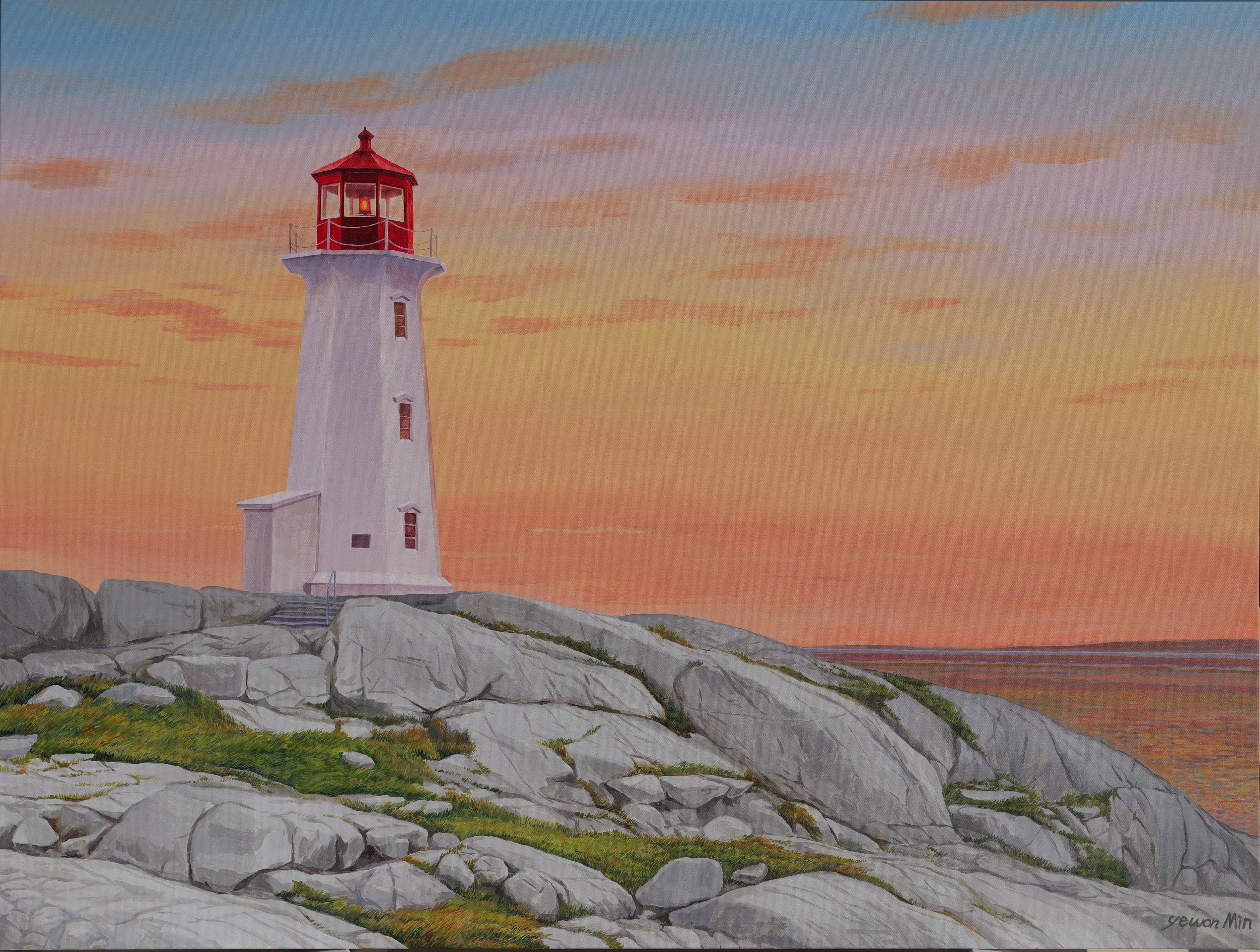 Painting of a lighthouse on a rocky cliff at sunset.