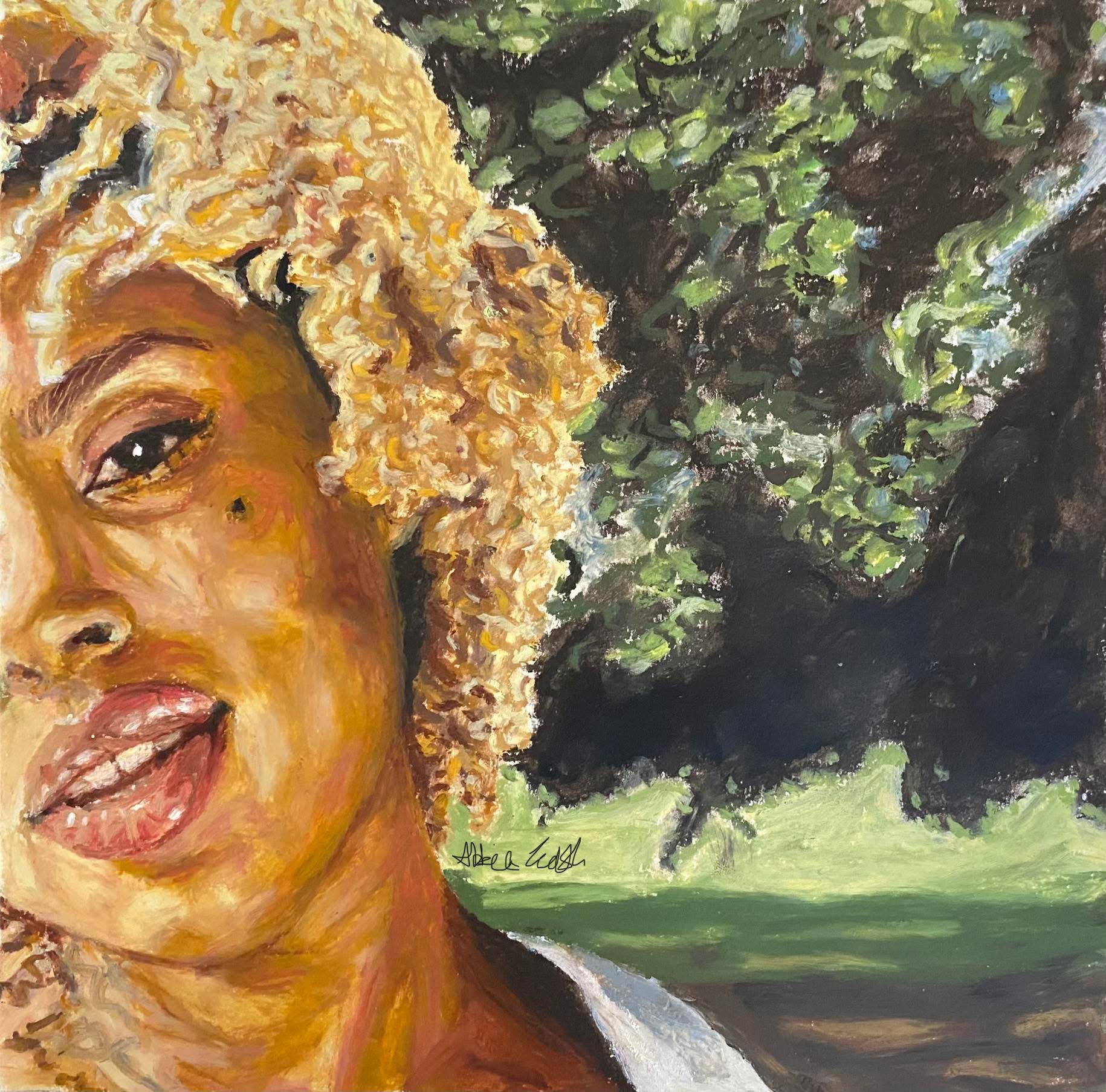 A painting of a woman, amidst greenery.
