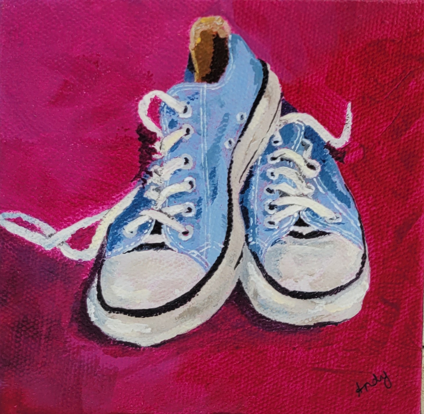 Pair of light blue untied sneakers painted on a deep magenta background