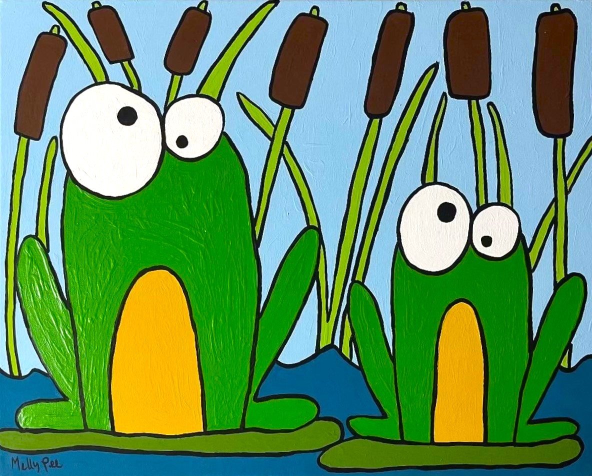 Two painted cartoon frogs sit on lilypads in front of cattails