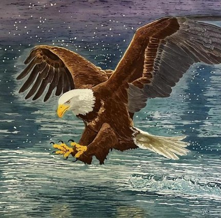 A swooping eagle painted above a wavy body of water
